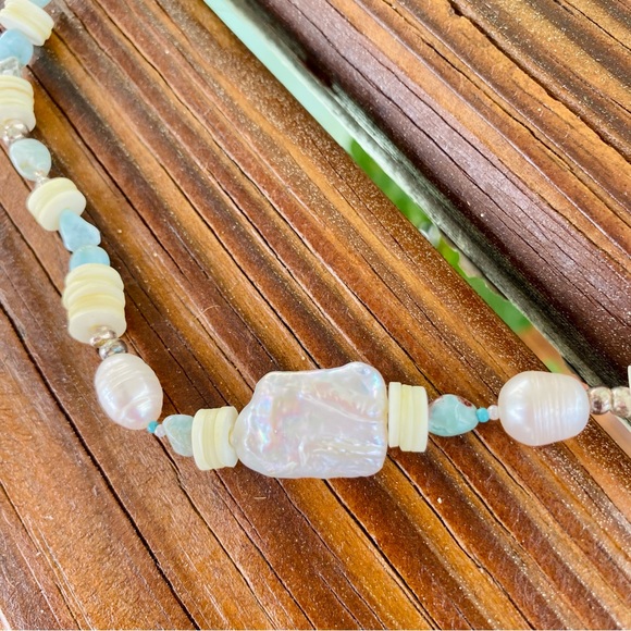 DANNIJO Riviera Freshwater Pearl, Heishi, & Larimar Beaded Necklace NWT - Picture 11 of 14